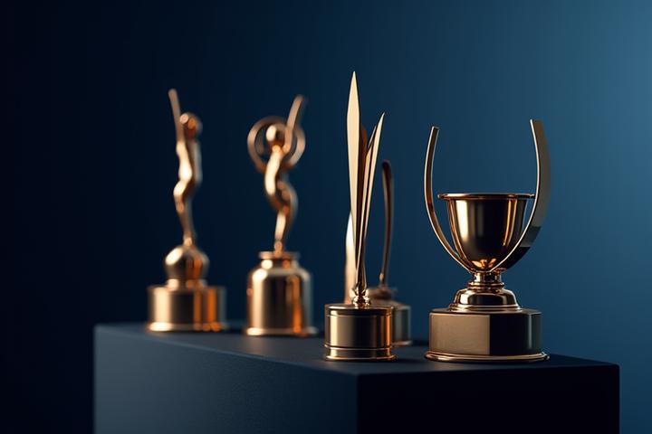 Multiple prestigious industry awards and trophies displayed on a modern pedestal