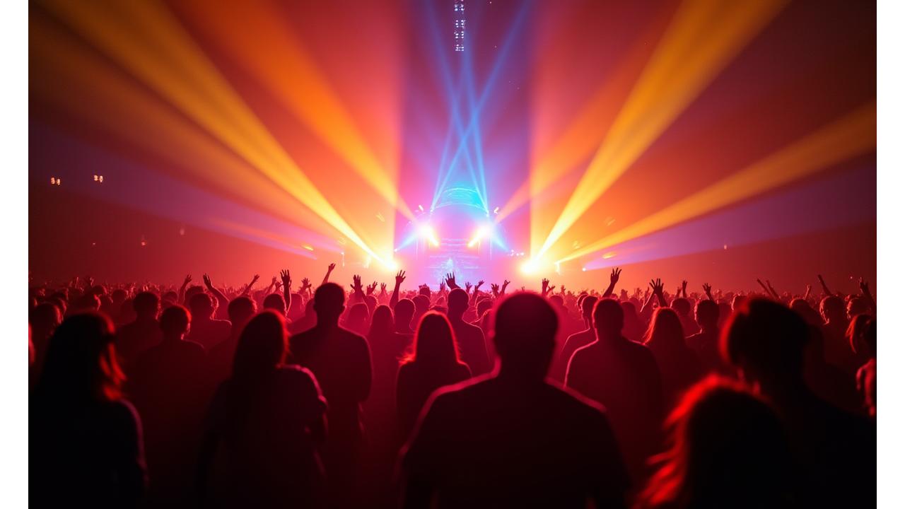 Lumen Rhythms team celebrating a successful event with vibrant lights and a captivated audience