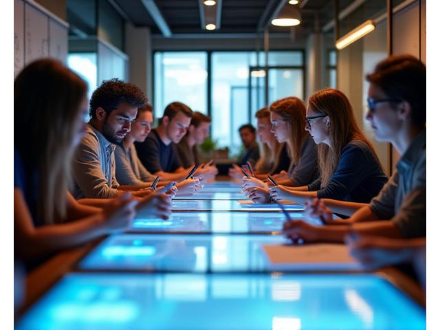 Lumen Rhythms team members brainstorming creative ideas in a modern, collaborative office space