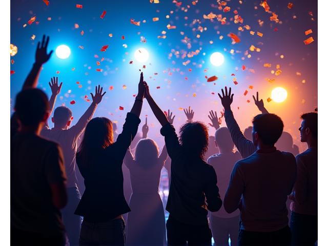 Lumen Rhythms team celebrating a successful project launch, with confetti and smiles