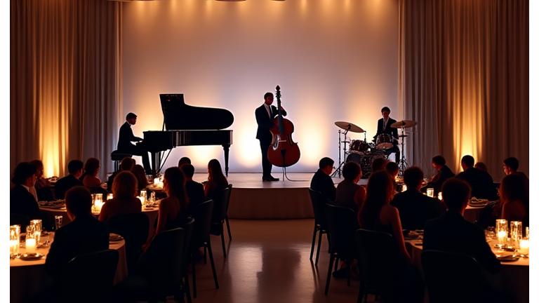 A corporate gala audience enjoying a sophisticated jazz ensemble on stage.