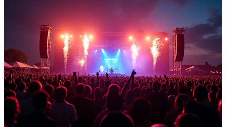 Tens of thousands of festival-goers cheering as a rock band performs on a massive outdoor stage.