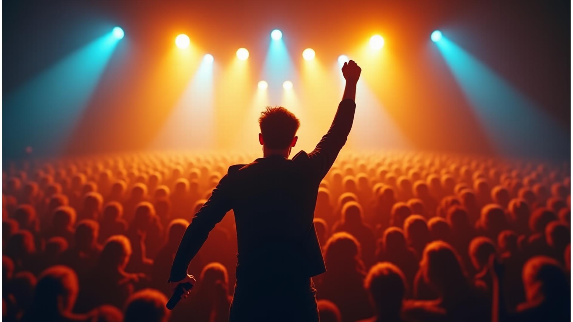Dynamic shot of a Grammy-winning artist performing on a large, vibrant stage with a massive, cheering crowd in the foreground.