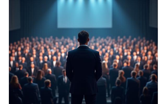 A motivational speaker engaging with a large corporate audience on stage.