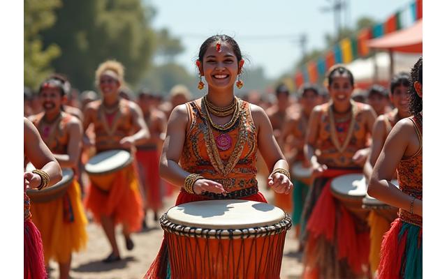A vibrant group of traditional drummers and dancers performing at a cultural festival.