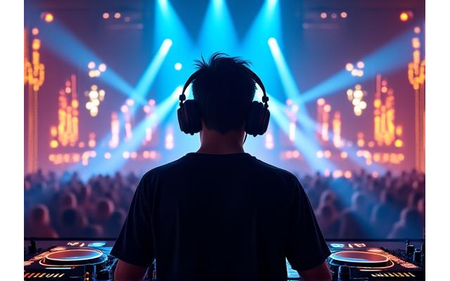 A DJ intensely focused on a mixer, surrounded by pulsating laser lights at a club event.
