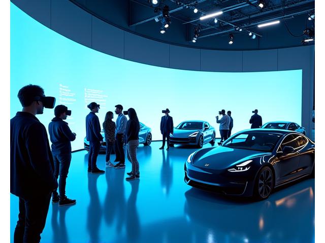 Visitors experiencing a cutting-edge augmented reality driving simulator at an automotive experiential event, sleek car models in the background, future-forward design