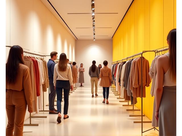 Stylish pop-up fashion boutique with modern design, featuring innovative clothing displays, soft ambient lighting, and diverse young adults browsing, conveying exclusivity