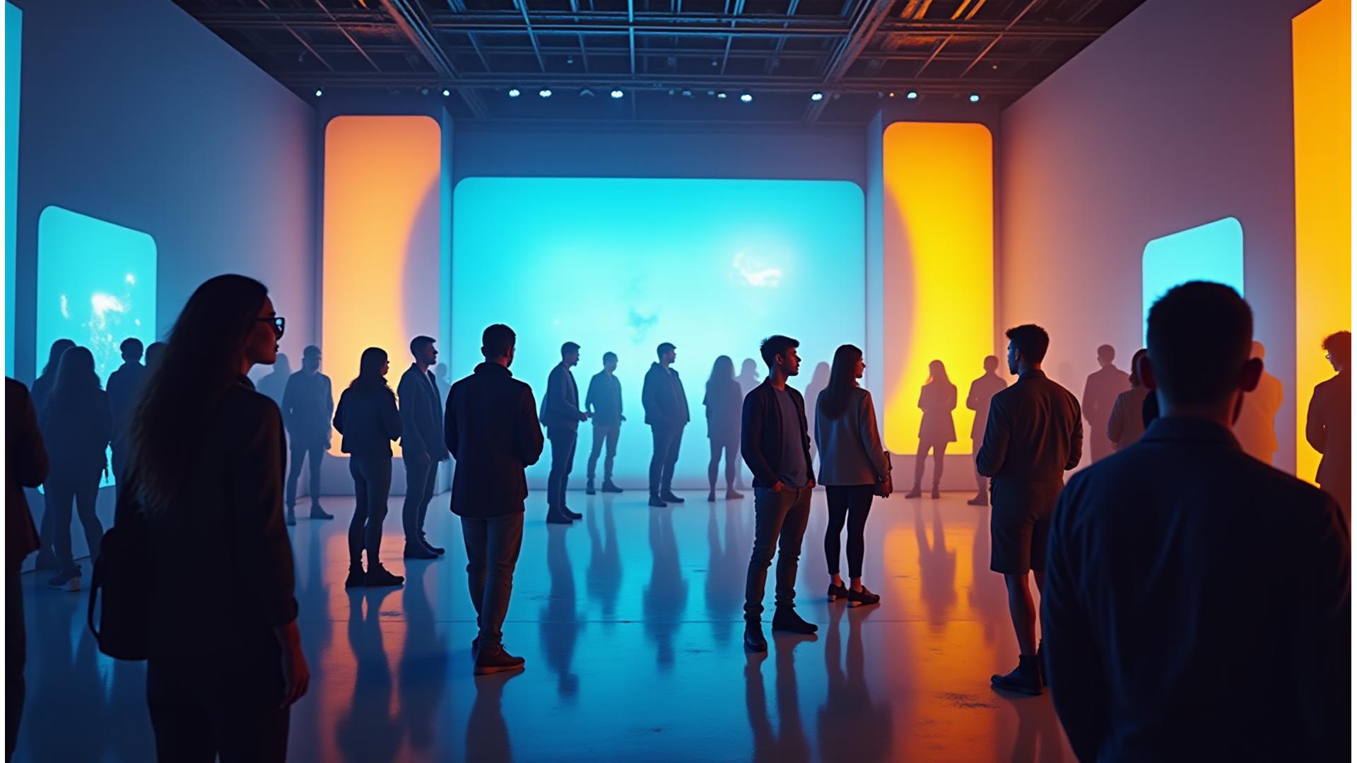 Vibrant, immersive brand activation event with diverse participants engaging with interactive art installations and product displays, dynamic lighting and energetic atmosphere