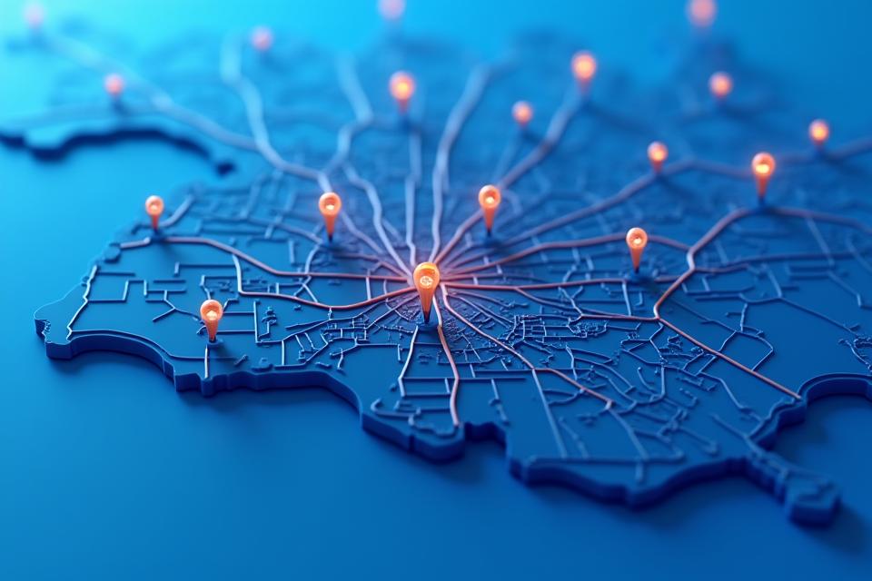 Stylized map of Los Angeles highlighting key event districts like Hollywood, Downtown LA, Santa Monica, and Venice Beach, with small celebratory icons
