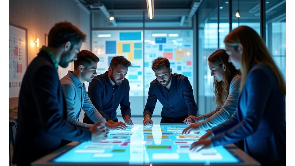 Team collaborating on creative concept development, utilizing a digital tablet and mood boards, showing a dynamic and innovative brainstorming session for a brand activation