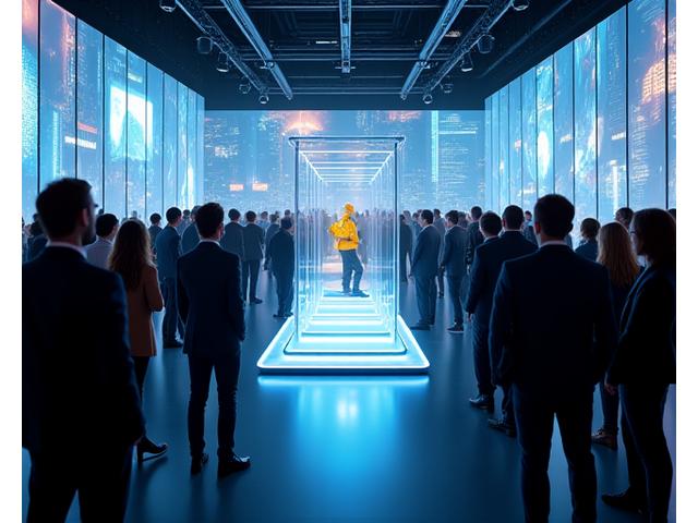 Excited crowd gathered around a sleek, futuristic product display at a high-tech product launch event, with vibrant LED lighting and digital screens, showcasing innovation