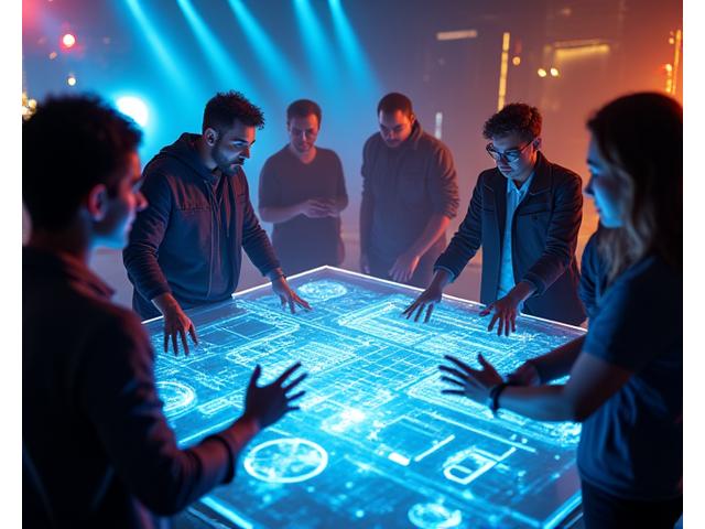 Team members collaborating on a large event planning blueprint with vibrant light projections.