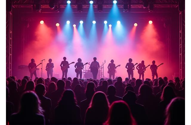 A diverse group of musicians performing on a well-lit stage, representing talent management and live entertainment.