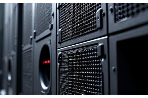 Close-up of a high-fidelity concert line array speaker system, showcasing advanced audio technology.