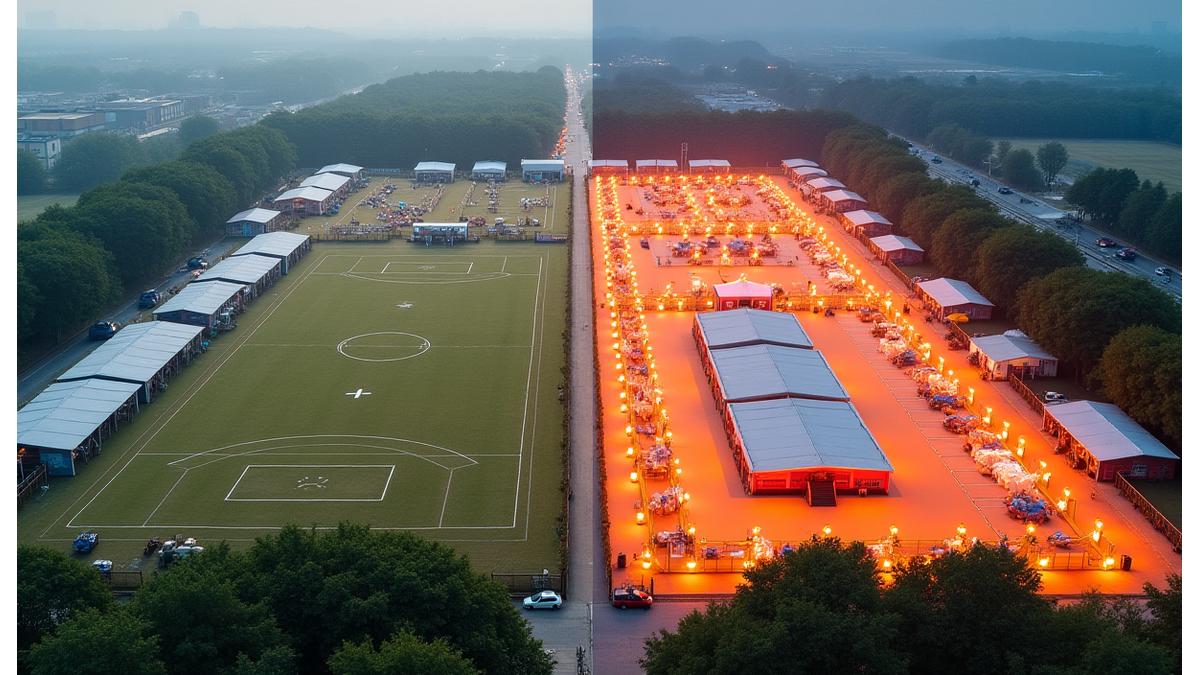 Before: a blank outdoor space. After: The same space transformed with a detailed festival layout, showing stages, vendors, and art installations.