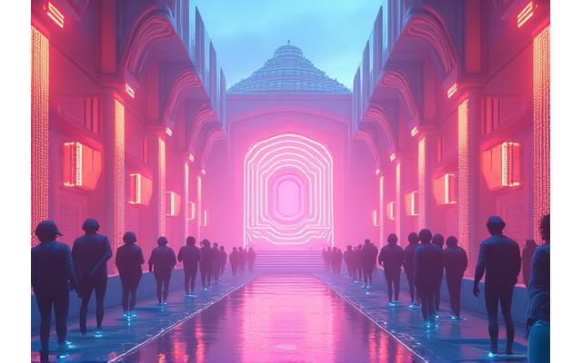 Intricate 3D rendering of a futuristic festival main stage design, bathed in vibrant neon lights, illustrating creative design.