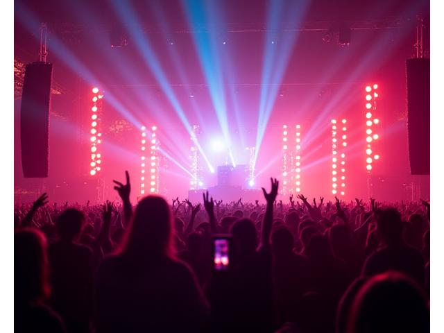Dynamic concert lighting illuminating a large, excited crowd at a festival, showcasing Lumen Rhythms' event production capabilities.