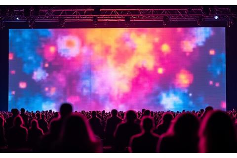 A massive LED video wall displaying vibrant abstract graphics during a live event, demonstrating video production capabilities.
