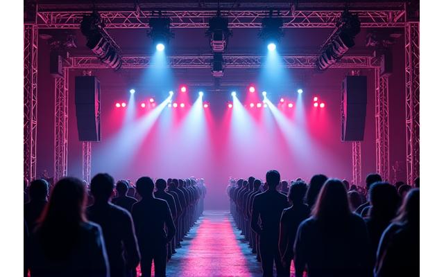 A complex array of professional stage lights and audio speakers, meticulously arranged for a large-scale event, illustrating sound and lighting production.