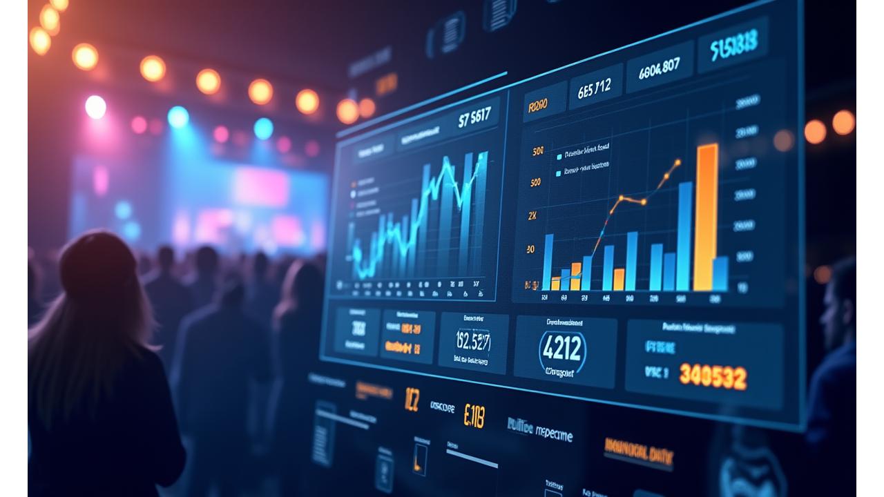 Interactive analytics dashboard displaying real-time event data, revenue metrics, and audience insights