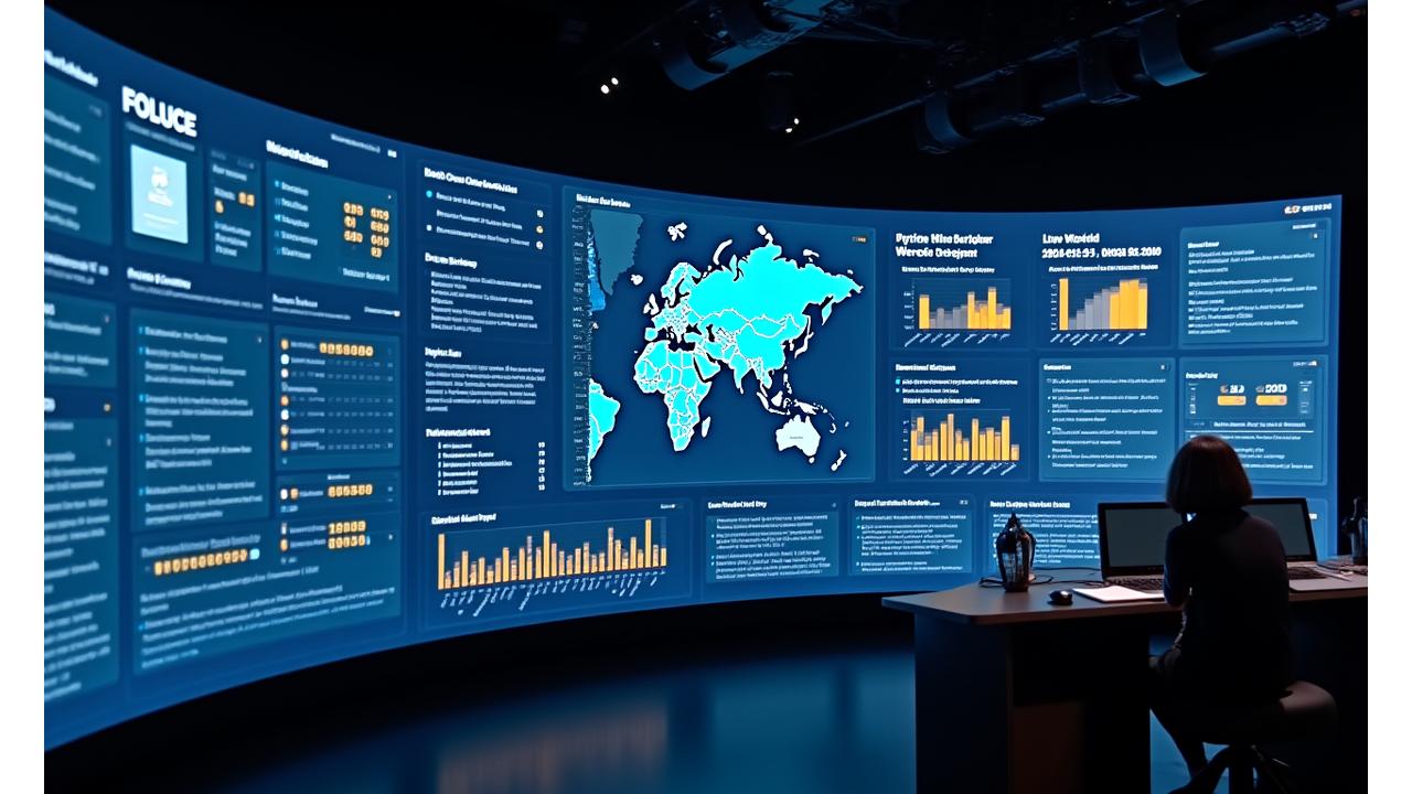 A large, dynamic screen displaying multiple real-time data widgets including sales charts, attendee heatmaps, and social media feeds.