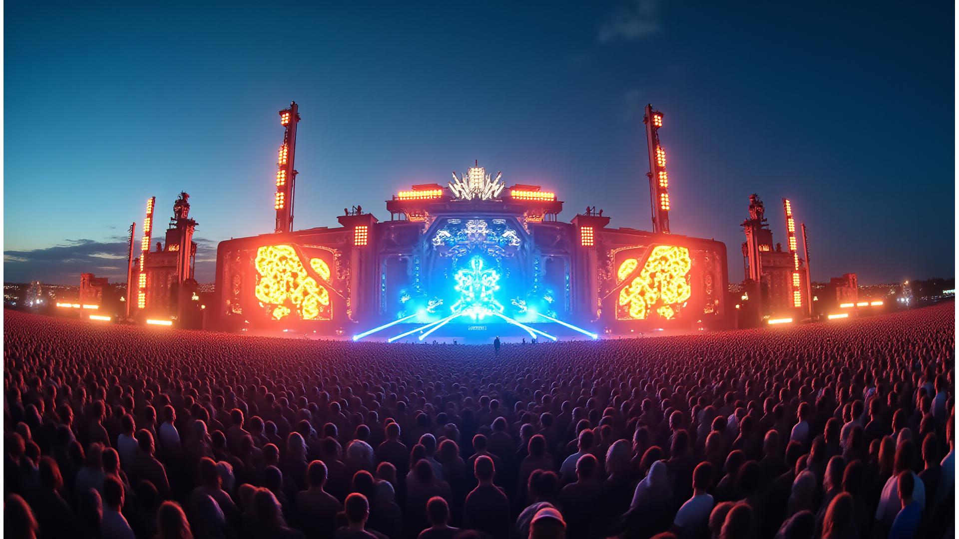 Panoramic view of a vibrant, high-energy music festival at sunset, featuring a unique, architecturally striking main stage bathed in dynamic lights, surrounded by an engaged crowd and swirling art installations.