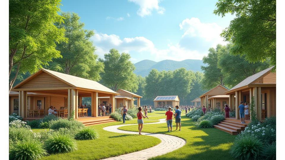 A verdant, serene festival ground called 'Eco-Harmony Fest' featuring sustainable architecture made from repurposed materials, solar panel installations, and lush greenery, with attendees enjoying an environmentally conscious event.