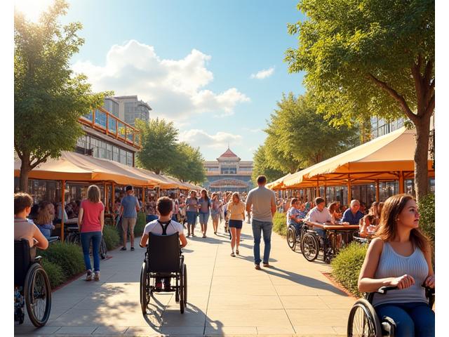 Diverse group of festival attendees of various ages and abilities enjoying an accessible festival area, with clear pathways and ramps visible, demonstrating inclusive design.