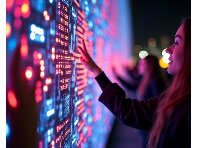 Intricate, glowing interactive art installation at a night festival, with people engaging with light and sound elements.