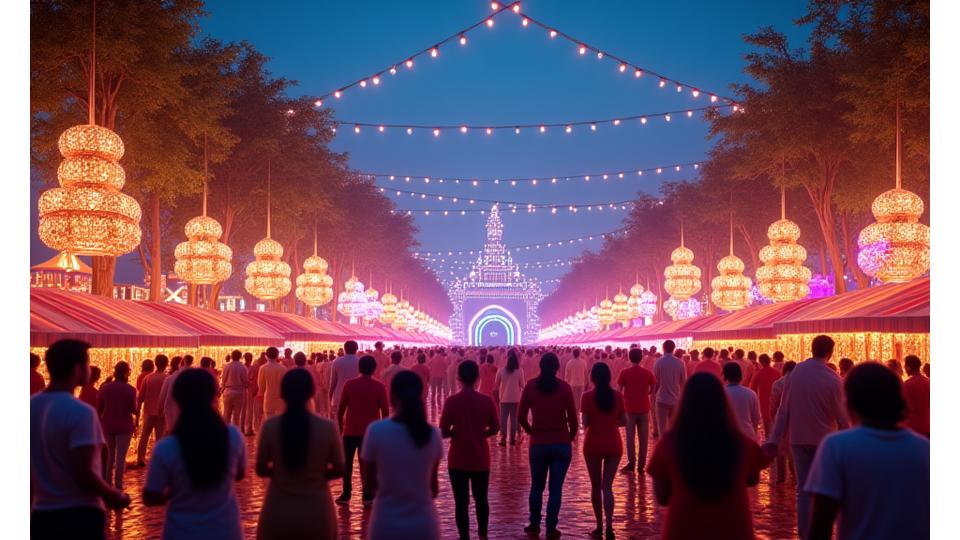 Vibrant, diverse community celebrating at 'Lumina Carnival', with traditional elements mixed with contemporary lighting installations, showcasing families and local artists engaging in festivities.