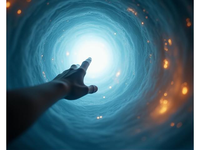 Close-up of a person's hand reaching through a misty, illuminated tunnel, hinting at a multi-sensory experience with lights, sounds, and textures.