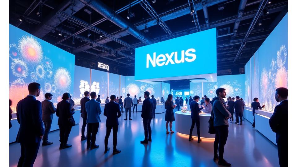 Dynamic corporate brand activation space called 'Nexus Festival' with a major tech brand's logo prominently featured on innovative, interactive displays and experiences, attracting a professional yet excited crowd.