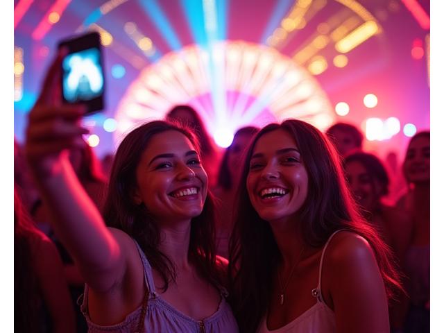 Group of friends happily taking a selfie in front of a professionally lit, visually stunning festival backdrop, with vibrant colors and unique props, indicating a highly 'Instagrammable' moment.