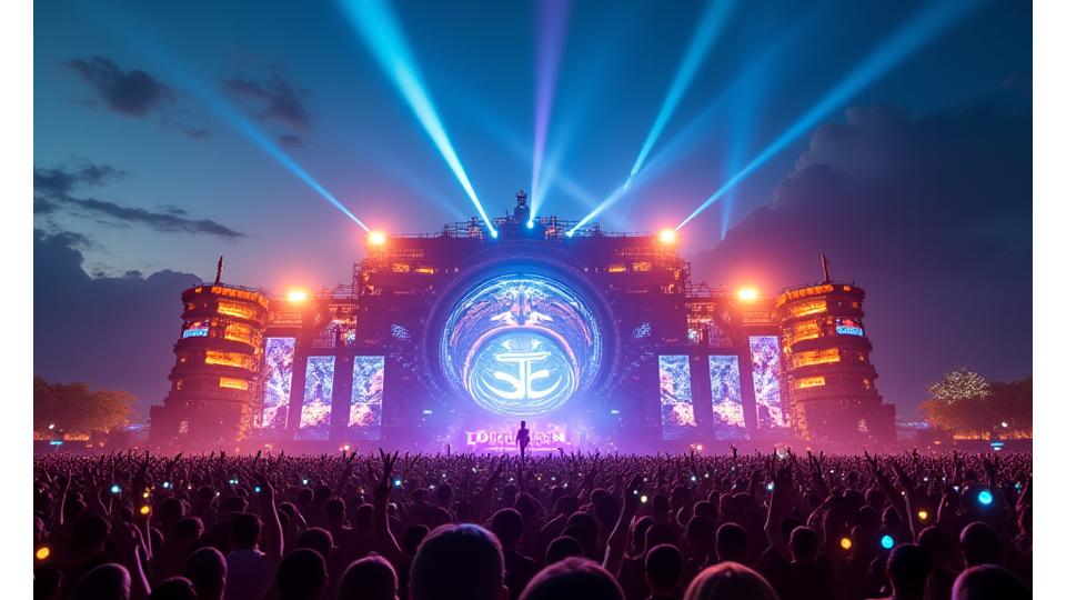 Wide-angle shot of a massively redesigned main stage at a music festival named 'Sonic Oasis', featuring futuristic geometry, elaborate lighting rigs, and a large projection screen displaying dynamic visuals over a vast crowd.