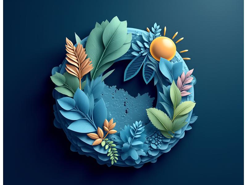 A graphical illustration showing an intertwining of natural elements like leaves and trees with abstract festival elements like stages and light beams, all within a circular, harmonious design on a dark background, representing sustainable event production.