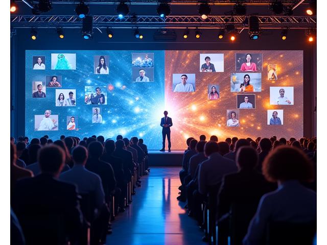 Split-screen showing a lively in-person event on one side and an equally engaged virtual audience on the other, seamlessly integrated.