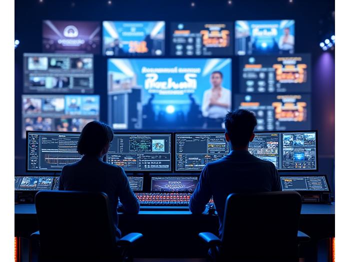 Multi-camera live streaming setup with professional video switchers and a team managing virtual event features.