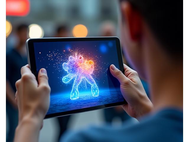 Person interacting with an augmented reality art piece through a tablet