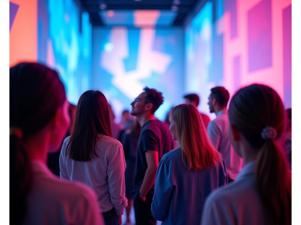 Guests interacting with a branded art installation at an event, featuring a prominent logo integrated into the art