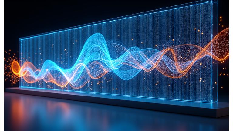Abstract art installation visualizing complex data streams with dynamic lights and flowing particles