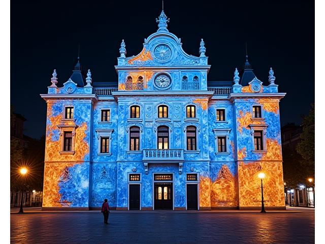 Architectural projection mapping transforming a building facade