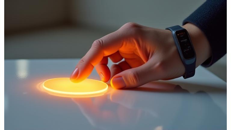 Close-up of a hand with an RFID wristband interacting with a glowing sensor pad