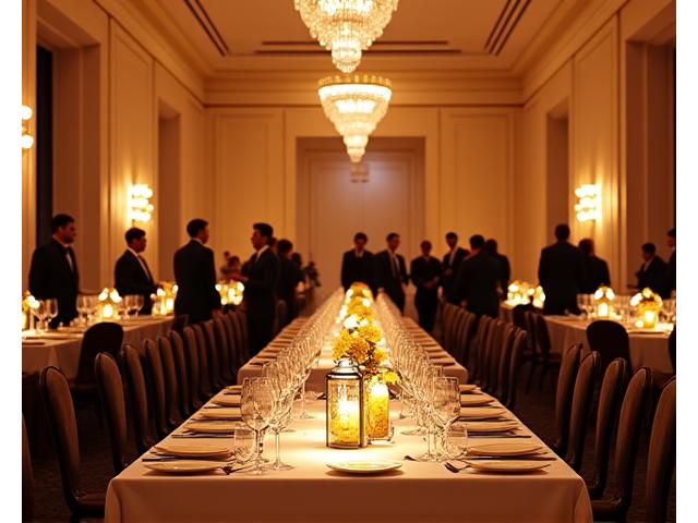 Elegant nonprofit gala dinner with beautiful lighting
