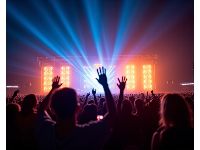 Outdoor music festival crowd with vibrant stage lights