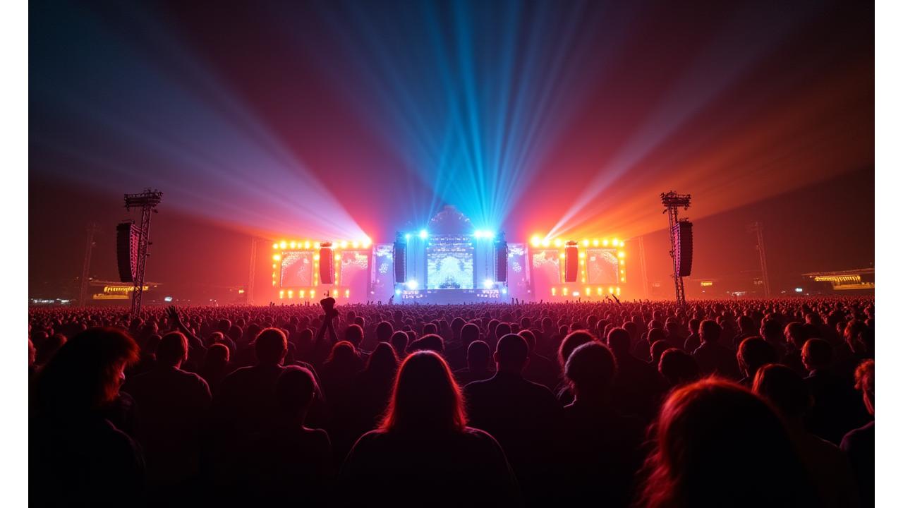 Dynamic festival crowd with colorful lights