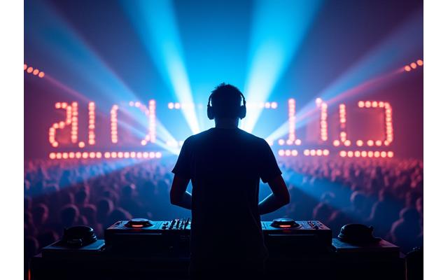 DJ performing on a brightly lit stage with large crowd
