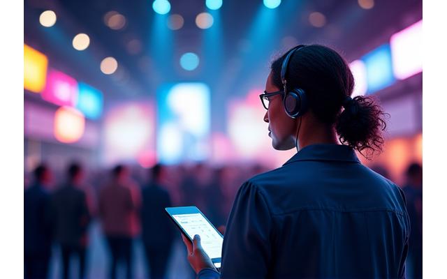 Event manager coordinating with staff via headset during live event