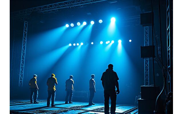 Technical crew setting up complex lighting rig on a large stage