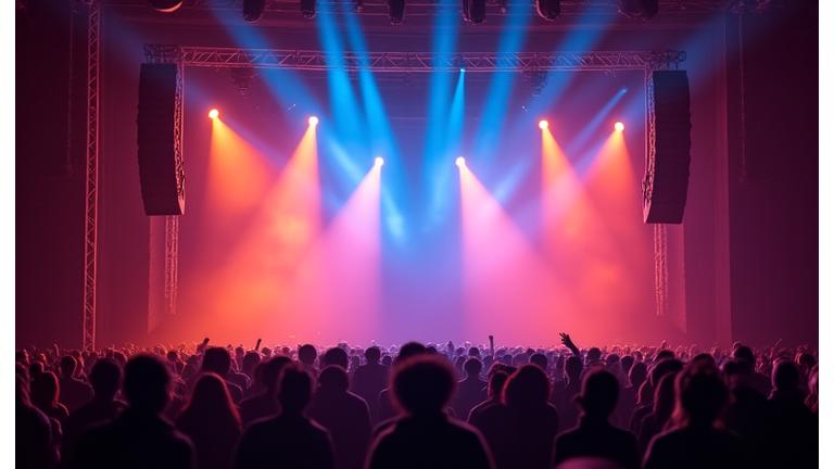 Concert stage with vibrant moving head lights and haze effects